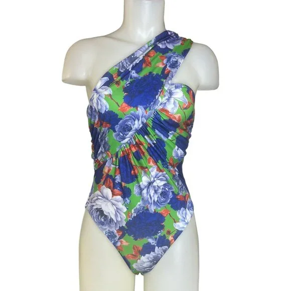 Zara Floral One Shoulder Bodysuit Multicolor Medium Blue New - Picture 1 of 8